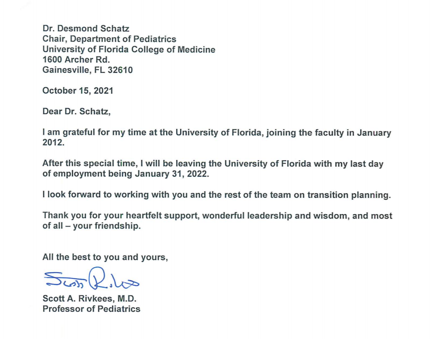 Dr. Scott Rivkees' letter of resignation submitted to the Chair of the Department of Pediatrics at the University of Florida.