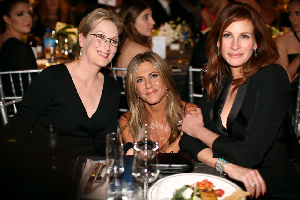 <p>Nominated for her role in the HBO film <i>The Normal Heart,</i> Roberts caught up with fellow actors Meryl Streep and Jennifer Aniston at the ceremony on January 25, 2015. (Photo: Christopher Polk/WireImage)</p>