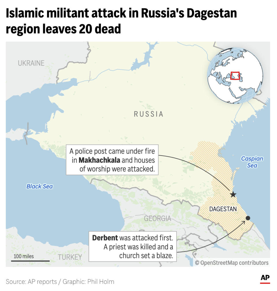 The map above locates a June 23 rampage by Islamic militants who authorities say killed 20 people, most of them police, and attacked houses of worship in apparently coordinated assaults in two cities. (AP Digital Embed)