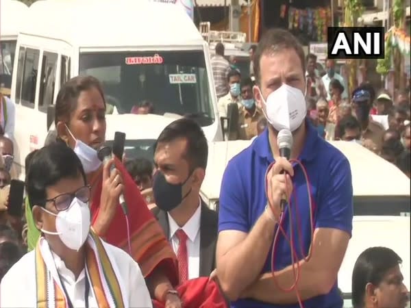 Congress leader Rahul Gandhi addresses a gathering in Tamil Nadu's Karur.