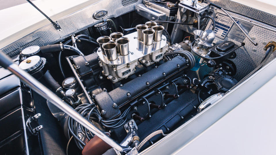 The 2.8-liter V-8 engine, with dual four-barrel Weber carburetors, inside a 1954 Pegaso Z-102 Saoutchik Berlinetta Series II.