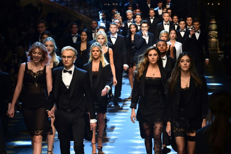 First row (L-R) Pyper America Smith, Brandon Lee, Sophia and Sistine Stallone present creations for fashion house Dolce Gabbana