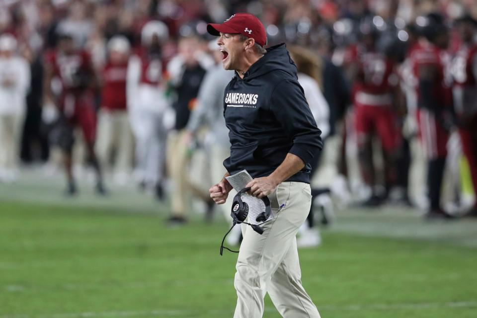 South Carolina coach Shane Beamer celebrates during the second half of the team's NCAA college football game against Texas A&M on Saturday, Oct. 22, 2022, in Columbia, S.C. (AP Photo/Artie Walker Jr.)