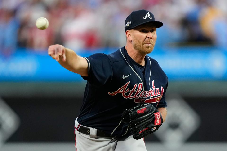 Atlanta Braves relief pitcher Michael Tonkin throws during the third inning of Game 3 of a baseball NL Division Series against the Philadelphia Phillies Wednesday, Oct. 11, 2023, in Philadelphia.