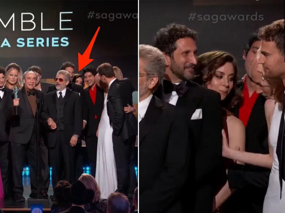 A side-by-side of the "White Lotus" cast on stage at the 2023 SAG Awards.