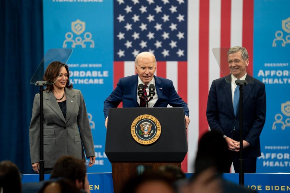 President Joe Biden speaks at the Chavis community center with Vice President Kamala Harris and North Carolina Governor Roy Cooper on March 26, 2024 in Raleigh. The Biden campaign is now making a push to try and flip the state. (Getty Images)