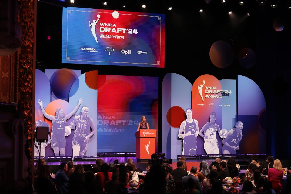 General view as WNBA commissioner Cathy Engelbert presents the 2024 WNBA draft.