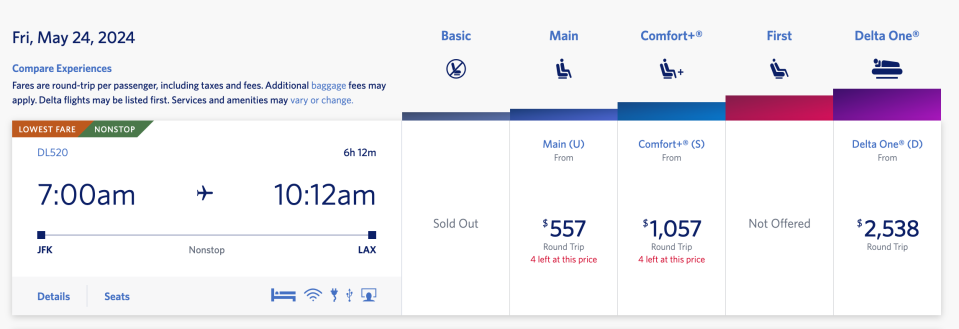 Screenshot of cost for Delta Air Lines from New York to Los Angeles for Memorial Day