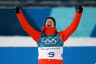 <p>Johannes Thingnes Boe of Norway celebrates winning the gold medal in the men’s 20k individual biathlon at the PyeongChang Olympics. Jakov Fak of Slovenia won silver and Dominik Landertinger of Austria won bronze. (Getty) </p>