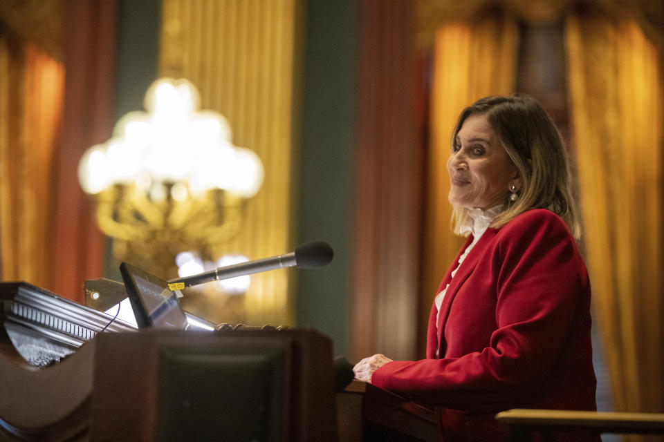 Sen. Kim Ward leads the Pennsylvania State Senate after taking the oath of office as new President Pro Tempore, in Harrisburg, Pa., Jan. 3, 2023. (Mark Pynes/The Patriot-News via AP)