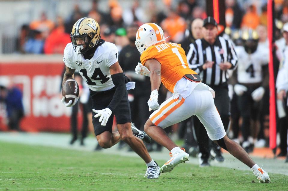 Vanderbilt wide receiver Will Sheppard (14) runs with the ball during a football game between Tennessee and Vanderbilt at Neyland Stadium in Knoxville, Tenn., on Saturday, Nov. 25, 2023.