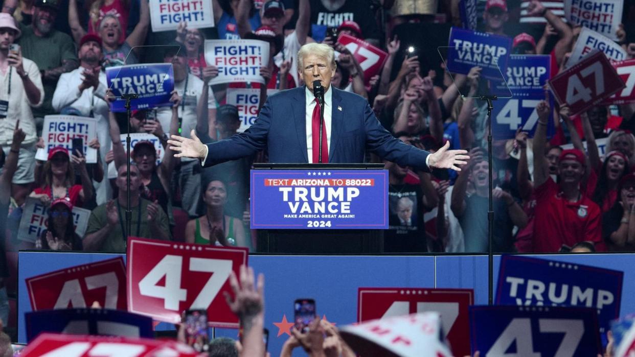 PHOTO: Former President and Republican presidential candidate Donald Trump speaks during a campaign rally at the Desert Diamond Arena, Aug. 23, 2024, in Glendale, Arizona. (Olivier Touron/AFP via Getty Images)