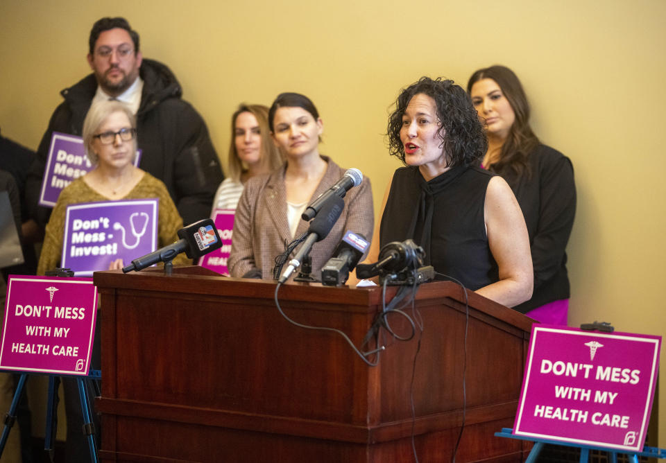 Annabel Sheinberg, from Planned Parenthood, speaks during a news conference Wednesday, March 1, 2023, in Salt Lake City, to discuss the bills being considered by state legislature that would limit abortion access in Utah. (Rick Egan/The Salt Lake Tribune via AP)