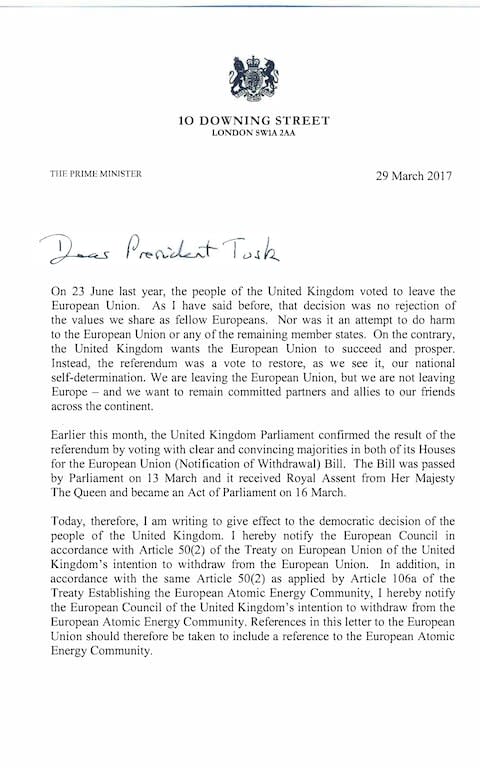 This is the text of the letter that Britain's Prime Minister Theresa May sent to EU Council President Donald Tusk, triggering Article 50.