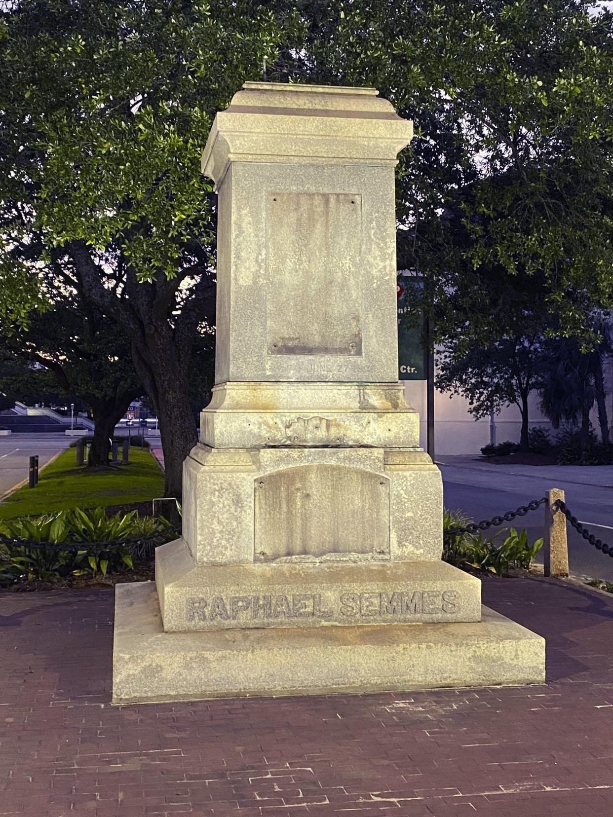 The pedestal where the statue of Admiral Raphael Semmes stands empty on June 5, 2020 in Mobile, Ala. The city of Mobile removed the Confederate statue early Friday without making any public announcements.