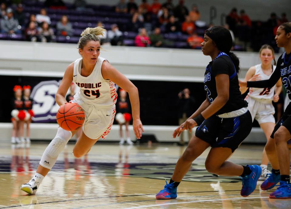 Republic's Kaemyn Bekemeier drives to the basket as the Lady Tigers take on the Raytown Lady Jays in a Class 6 girls quarterfinal matchup at Southwest Baptist University on Saturday, March 11, 2023.