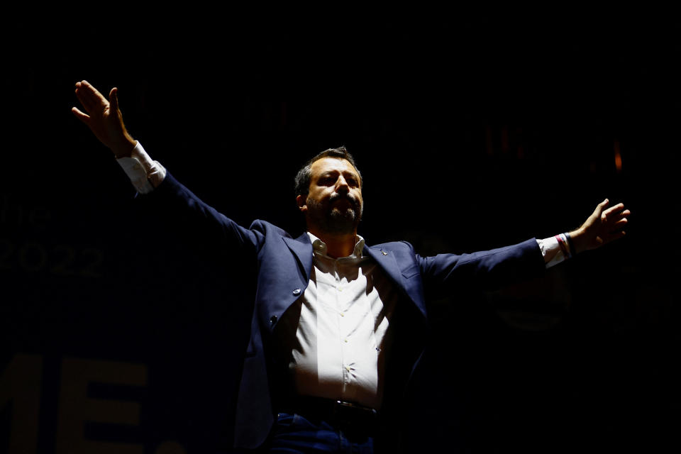 Lega (League) leader Matteo Salvini gestures at the closing electoral campaign rally of the center-right's coalition in Rome on Tuesday.