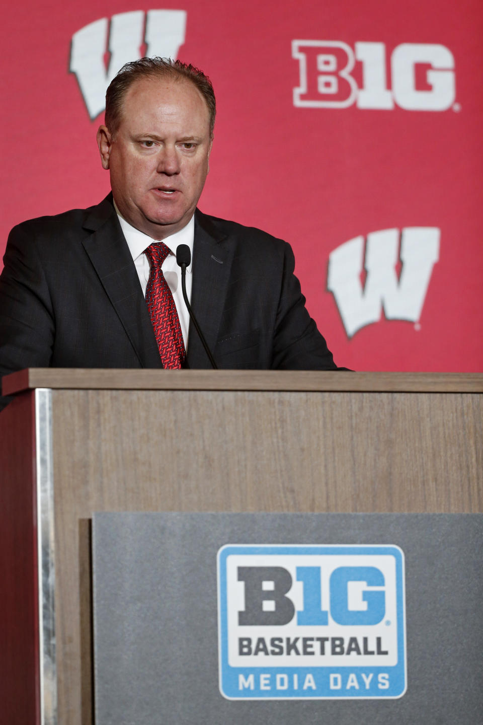 Wisconsin men's head coach Greg Gard speaks during Big Ten NCAA college basketball Media Days Wednesday, Oct. 12, 2022, in Minneapolis. (AP Photo/Bruce Kluckhohn)