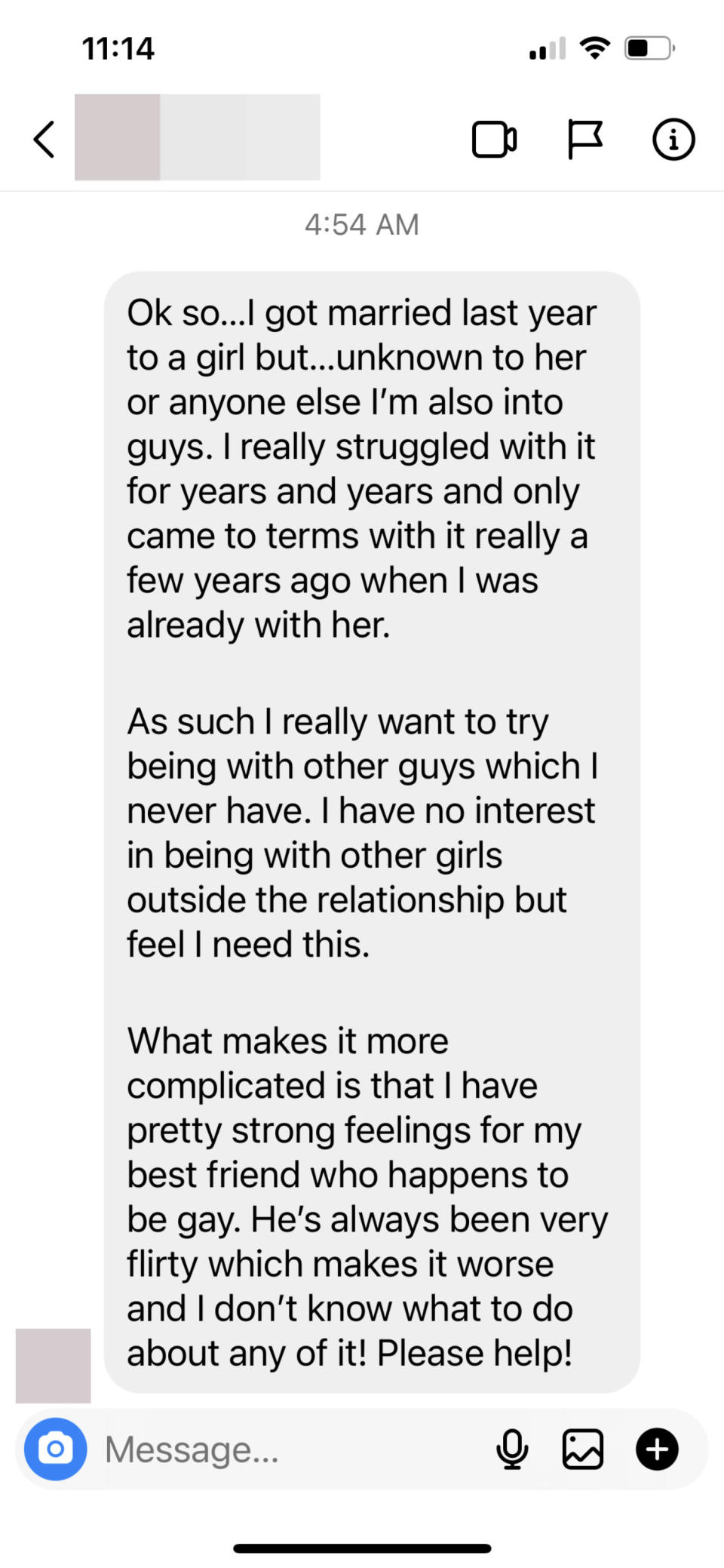 Screenshot of message, reading, "What makes it more complicated is that I have pretty strong feelings for my best friend who happens to be gay. ..."
