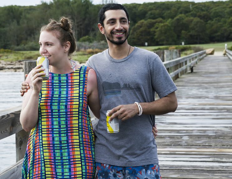 Lena Dunham and Riz Ahmed in the season premiere of ‘Girls’ (Credit: HBO)