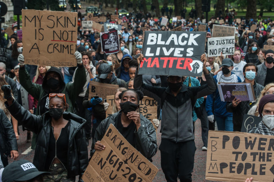 LONDON, ENGLAND - JUNE 12: Protestors march towards Parliament square from Hyde Park as several thousand people attend a Black Lives Matter protest on June 12, 2020 in London, England. The death of an African-American man, George Floyd, has sparked protests across the world.  (Photo by Guy Smallman/Getty images)