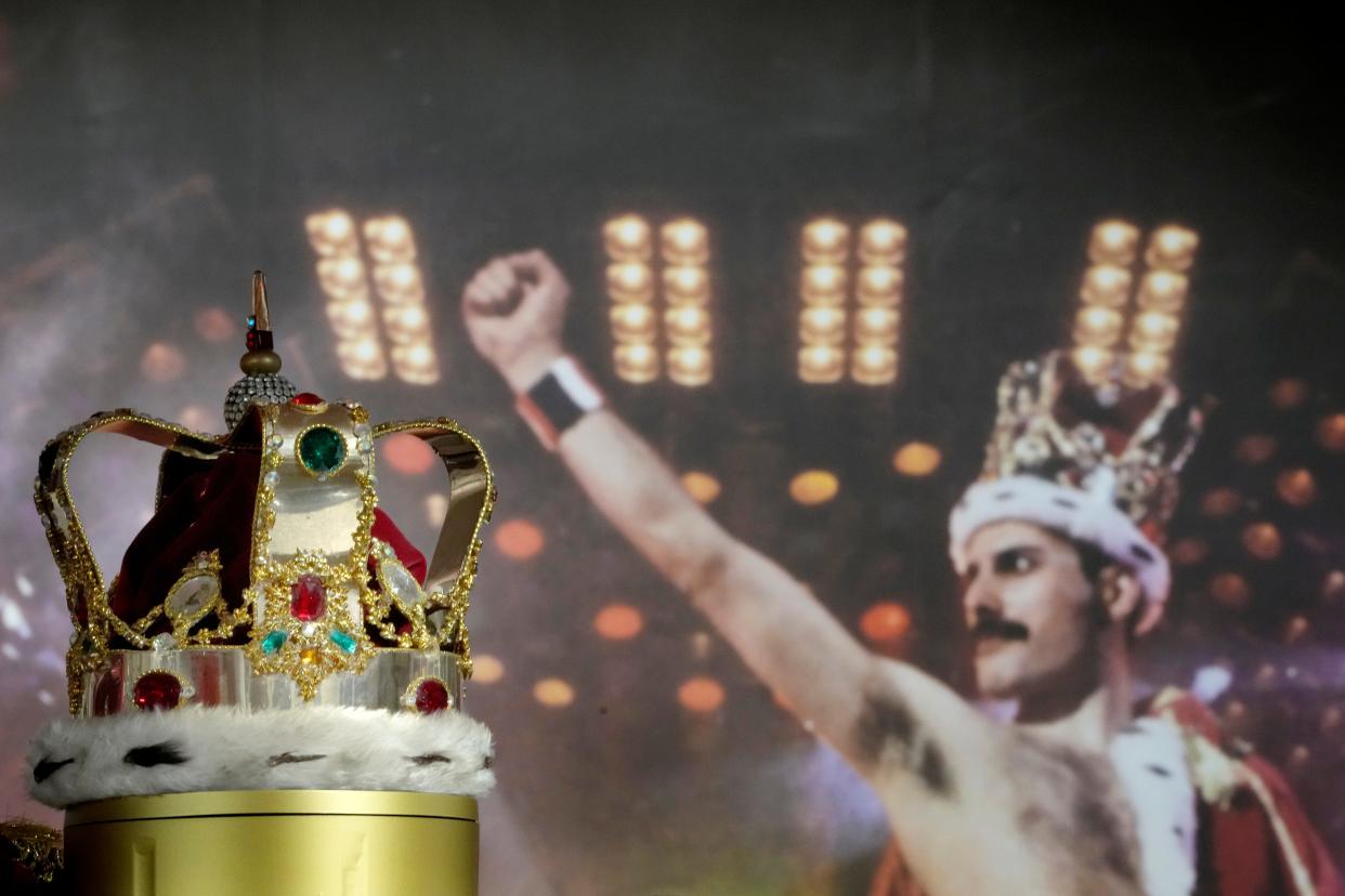 Freddie Mercury's signature crown worn throughout the 'Magic' Tour on display at Sotheby's auction rooms in London on Aug. 3, 2023.