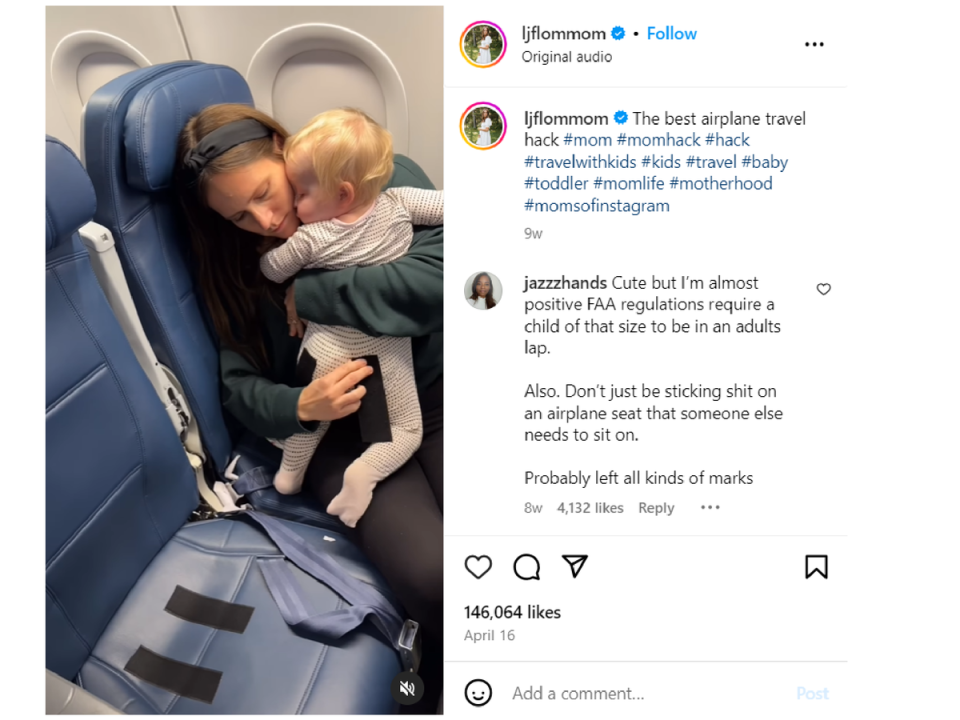 The mother shared how four fastening strips made a massive difference to her flight with a child (Instagram/Lisa Flom)