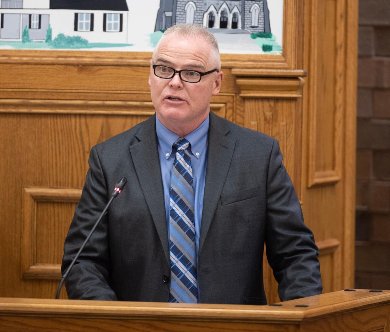 Massillon Mayor Jamie Slutz delivers his State of the City address on Tuesday night to City Council. It was Slutz's first formal, public speech since taking over the office of mayor earlier this month.