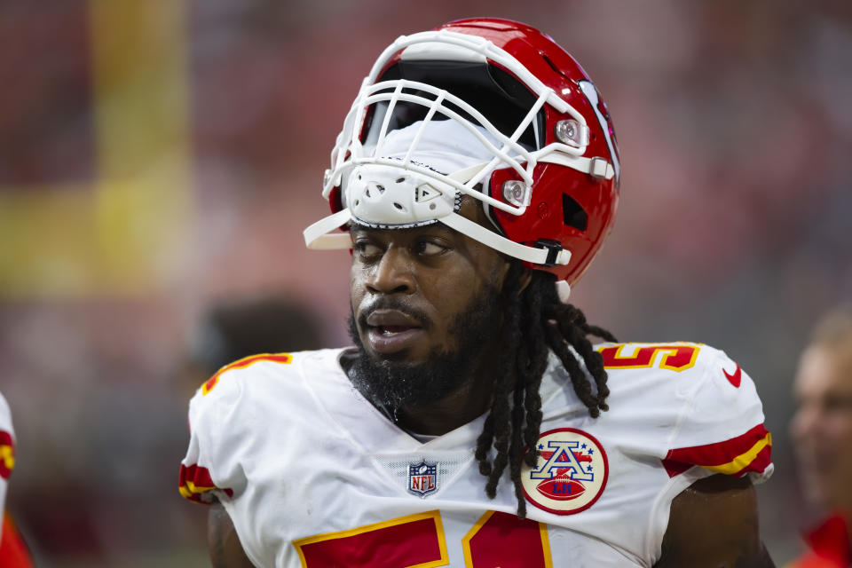 Sep 11, 2022; Glendale, Arizona, USA; Kansas City Chiefs defensive end Mike Danna (51) against the Arizona Cardinals at State Farm Stadium. Mandatory Credit: Mark J. Rebilas-USA TODAY Sports