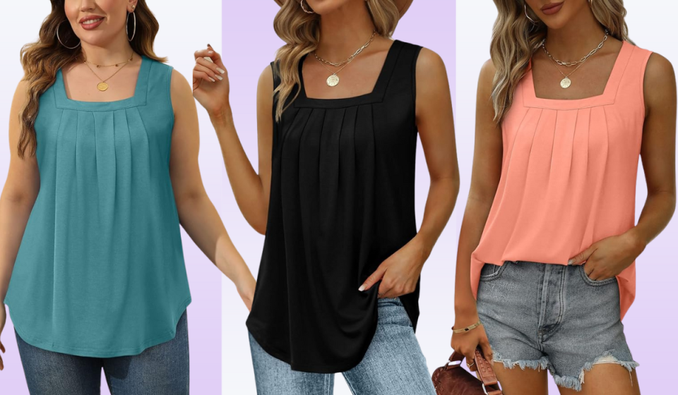 women wearing pleated square-neck tank top in teal, black, and salmon