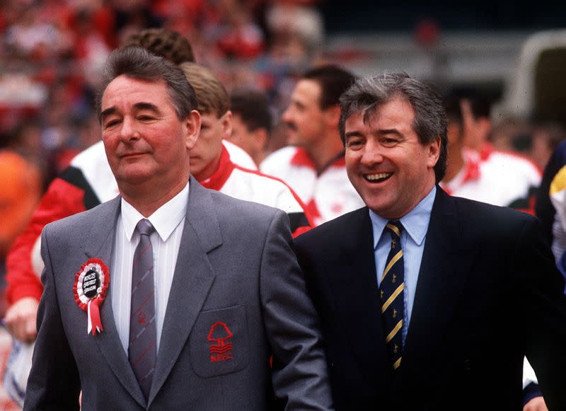 FILE PHOTO: Brian Clough - Nottingham Forest manager and Terry Venables - Tottenham manager lead their teams out