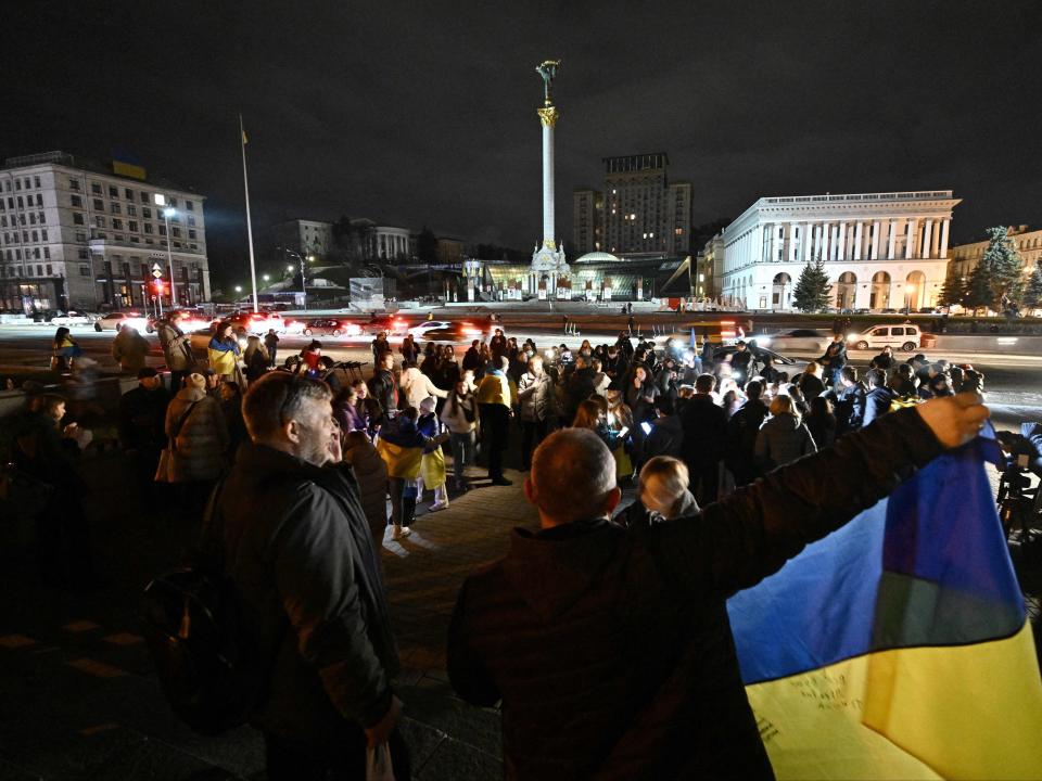 People gathered in Maidan Square in Kyiv to celebrate the retreat from Kherson (AFP via Getty Images)