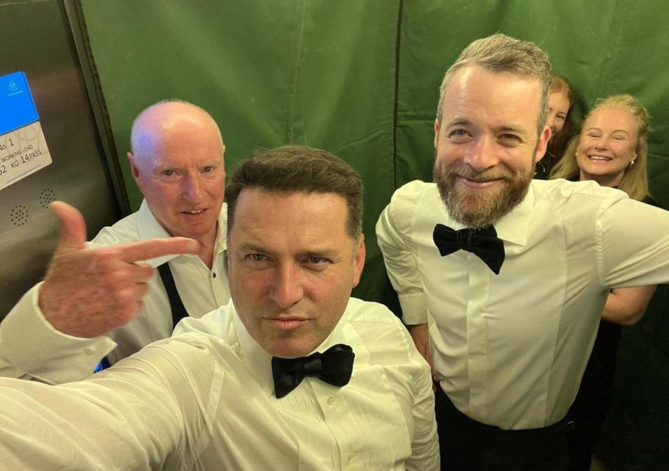 Logies veterans Ray Meagher, Karl Stefanovic and Hamish Blake (left to right) in an elevator