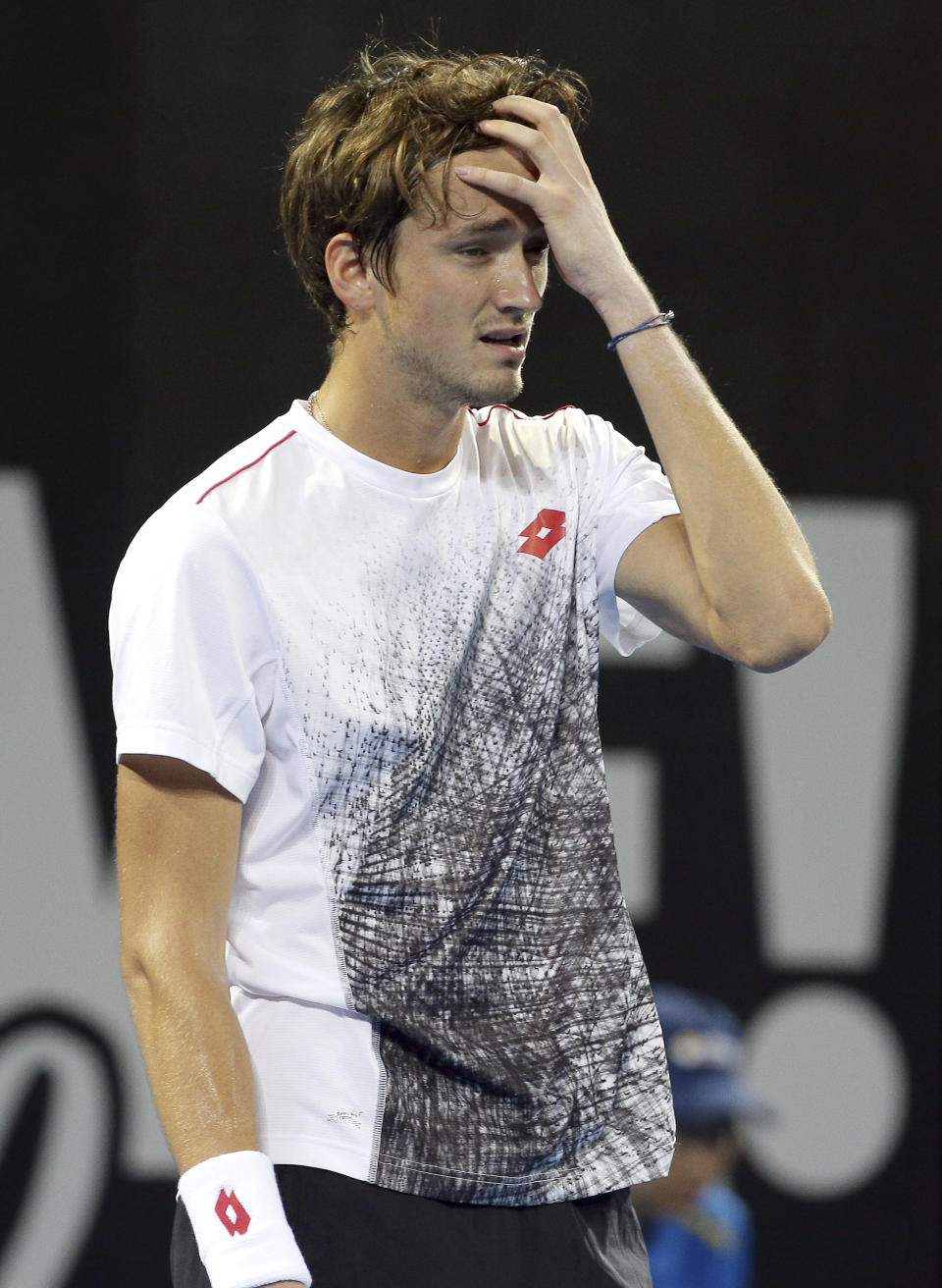 Daniil Medvedev of Russia reacts after missing a shot during his final match against Kei Nishikori of Japan at the Brisbane International tennis tournament in Brisbane, Australia, Sunday, Jan. 6, 2019. (AP Photo/Tertius Pickard)