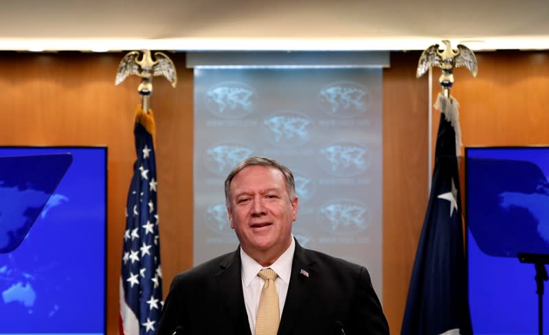 U.S. Secretary of State Mike Pompeo delivers a statement on the Trump administration's position on Israeli settlements in the occupied West Bank during a news briefing at the State Department
