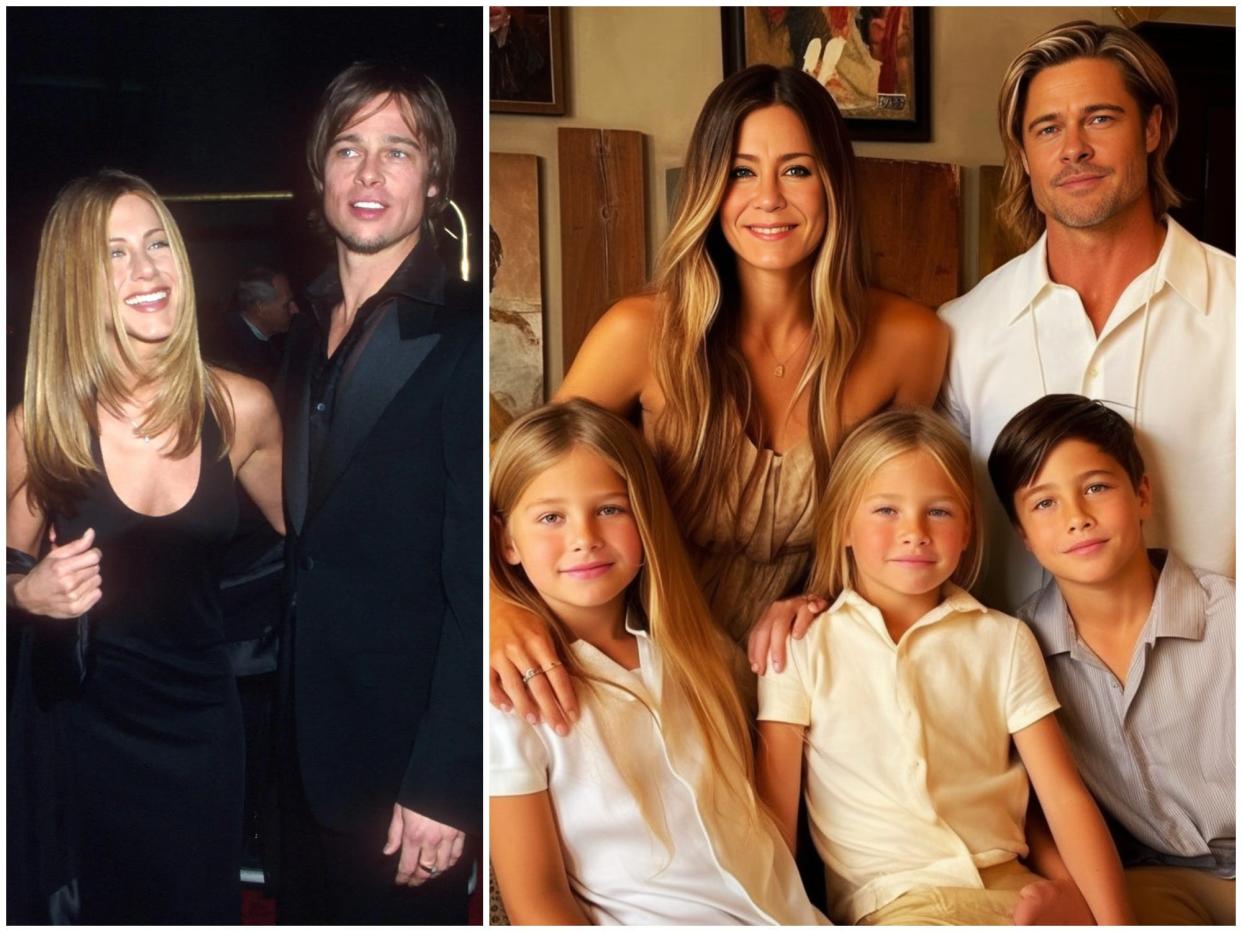 Jennifer Aniston and Brad Pitt (left) and an AI-generated image of what their kids might have looked like (right)