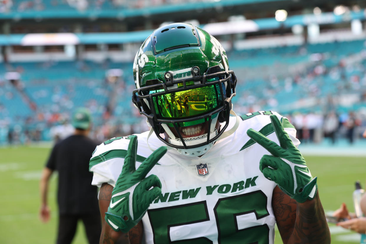 MIAMI GARDENS, FL - JANUARY 8: Quincy Williams #56 of the New York Jets warms up prior to a game against the Miami Dolphins at Hard Rock Stadium on Sunday, January 8, 2023 in Miami Gardens, Florida. (Photo by Perry Knotts/Getty Images)