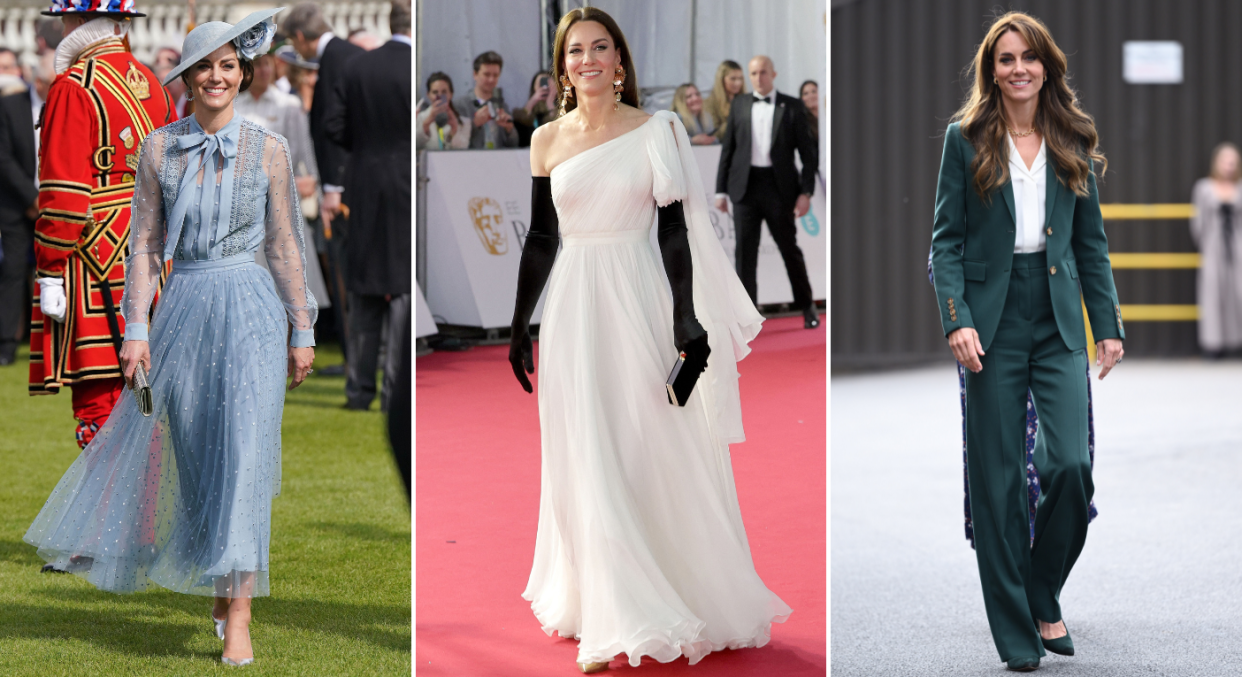 The Princess of Wales's fashion choices are versatile, ranging from elegant gowns to charming tea dresses to powerful pantsuits. (Getty Images)