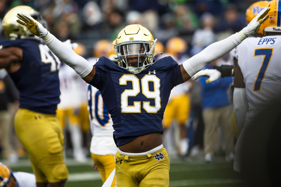 Notre Dame cornerback Christian Gray (29) celebrates a missed field goal during the first half of an NCAA college football game against Pittsburgh, Saturday, Oct. 28, 2023, in South Bend, Ind. (AP Photo/Michael Caterina)