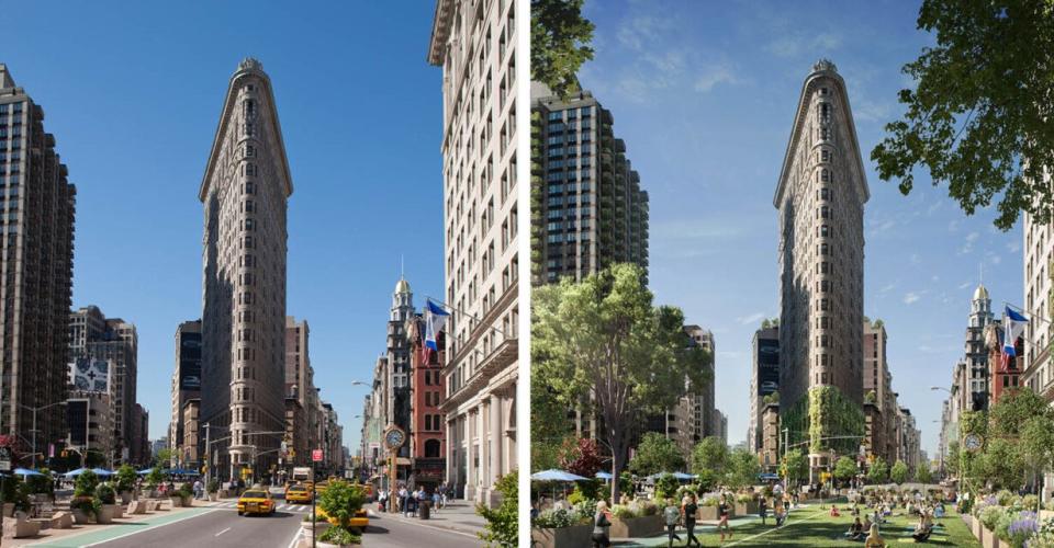 New York City's Flatiron District is transformed into a verdant paradise full of living greenery, as digitally transformed by WATG.