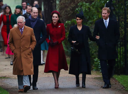 Britain's Prince Charles, Prince William, Duke of Cambridge and Catherine, Duchess of Cambridge along with Prince Harry, Duke of Sussex and Meghan, Duchess of Sussex arrive at St Mary Magdalene's church for the Royal Family's Christmas Day service on the Sandringham estate in eastern England, Britain, December 25, 2018. REUTERS/Hannah McKay