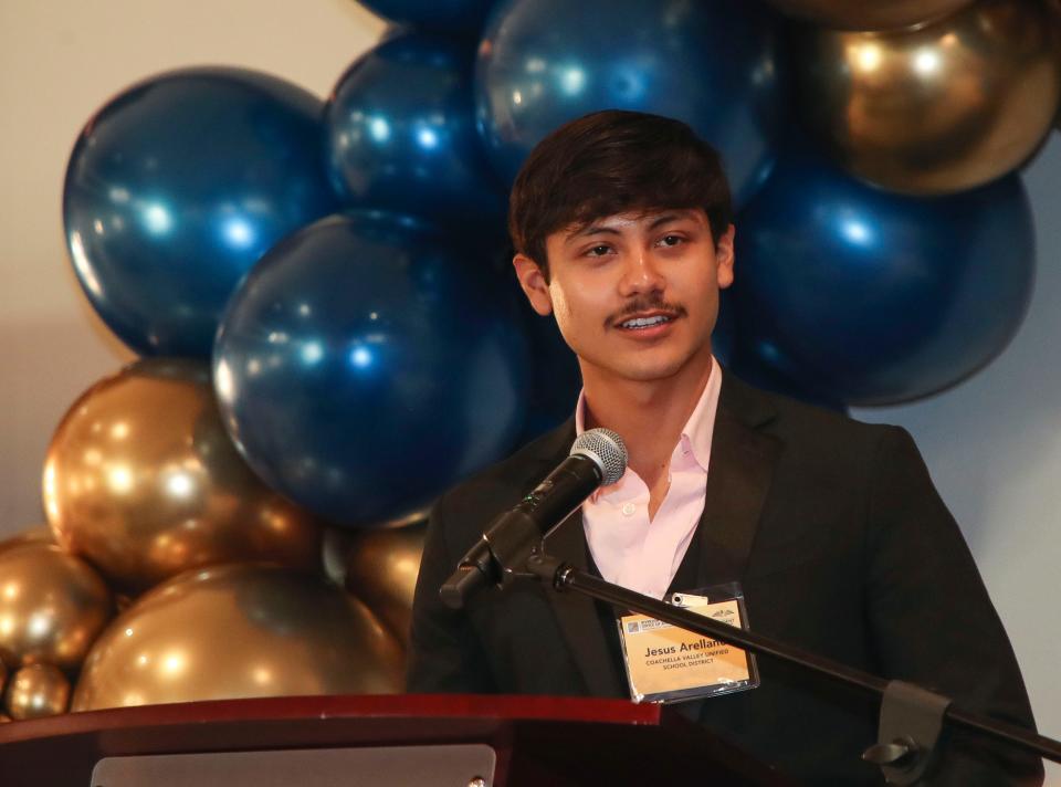 Jesus Arellano-Sepulveda of Coachella Valley High School speaks during a Greater Coachella Valley Student of the Year event at The Classic Club in Palm Desert on April 30, 2024.