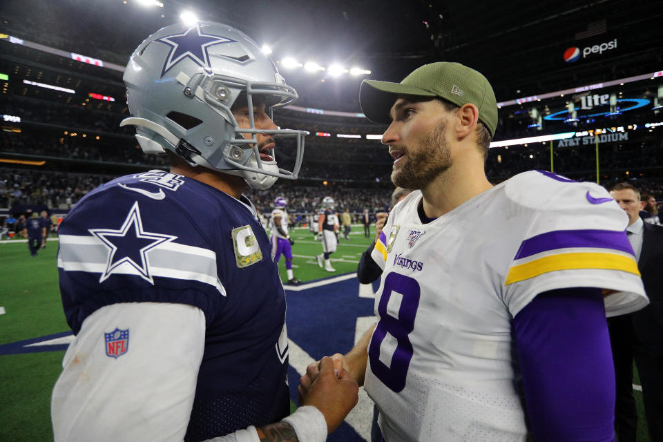 ARLINGTON, TEXDak Prescott could do worse than taking the Kirk Cousins contract path. (Richard Rodriguez/Getty Images)AS - NOVEMBER 10: Dak Prescott #4 of the Dallas Cowboys shakes hands with Kirk Cousins #8 of the Minnesota Vikings after the game at AT&T Stadium on November 10, 2019 in Arlington, Texas. (Photo by Richard Rodriguez/Getty Images)