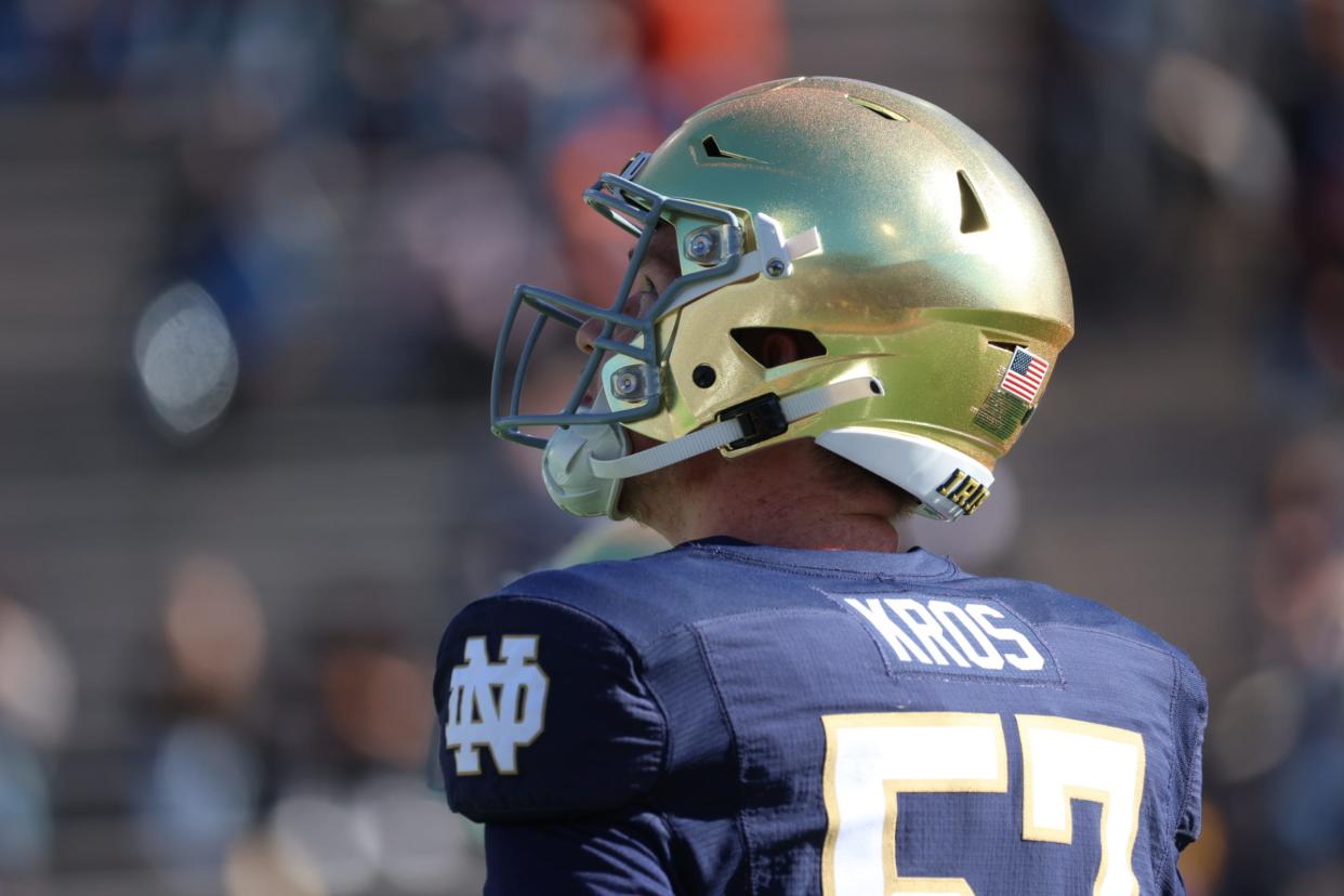 Notre Dame's Andrew Kros gets ready to play Oregon State at the 90th Sun Bowl game in El Paso, Texas on Friday, Dec. 29, 2023.