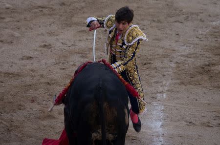 Alberto Lamelas dives a sword to kill a bull as he takes part in a bullfighting during San Isidro festival at Las Ventas bullring in Madrid, Spain, June 5, 2017. REUTERS/Sergio Perez