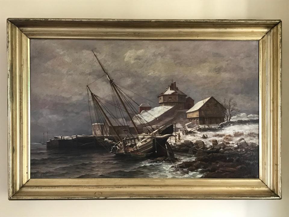 George S. Wasson painted this painting of the beaching of the Polly at Fort McClary on Dec. 7, 1890. The crew was rescued and the boat repaired and returned to service for 25 years.