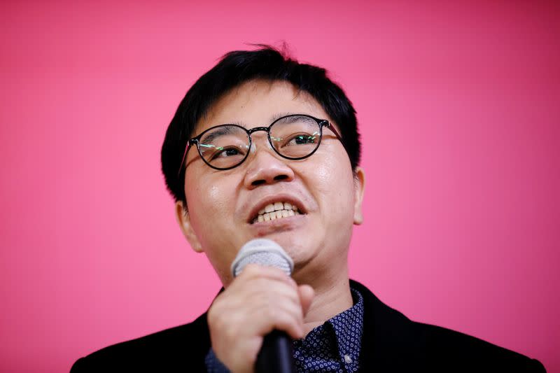 North Korean defector Ji Seong-ho speaks during an opening ceremony for an election campaign of the main opposition United Future Party in Seoul