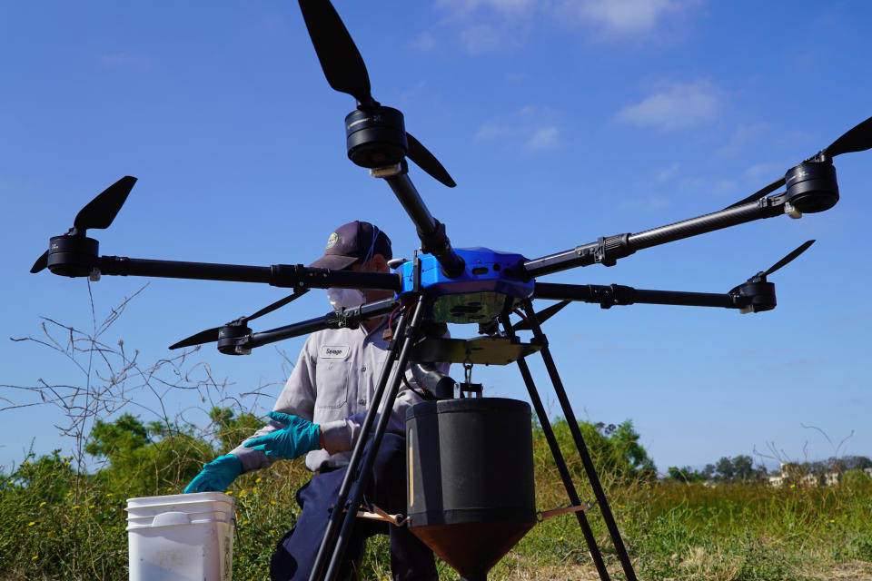 Drone pilot John Savage loads a hexacopter drone with anti-mosquito bacterial spore pellets at the San Joaquin Marsh Reserve at University of California in Irvine, Calif., on June 27, 2023. The drone is the latest technology deployed by the Orange County Mosquito and Vector Control District to attack mosquitoes developing in marshes, wetlands, large ponds and parks. (AP Photo/Eugene Garcia)