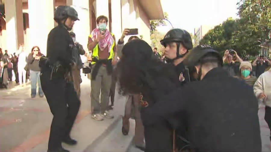 The first person to be arrested during a large pro-Palestinian protest at USC on April 24, 2024. (KTLA)