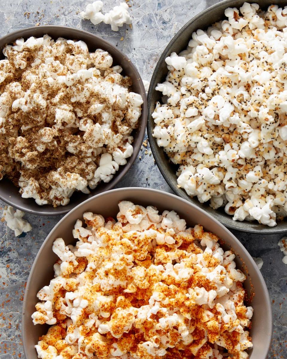 <p>Popcorn is the perfect movie snack, and popping your own on the stovetop is not only delicious, but a fun snack to put together for your movie night. Add your favorite seasonings, pop in your fave romcom, and get to snacking!</p><p>Get the <strong><a href="https://www.delish.com/cooking/recipe-ideas/a38255954/how-to-make-stovetop-popcorn/" rel="nofollow noopener" target="_blank" data-ylk="slk:Stovetop Popcorn recipe;elm:context_link;itc:0;sec:content-canvas" class="link ">Stovetop Popcorn recipe</a></strong>. </p>